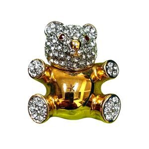 Vintage Teddy Bear Brooch Pin goldtone clear white & red rhinestone details